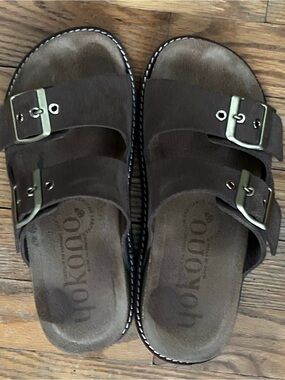 Brown Double-Buckle Platform Slide Sandals - Women's